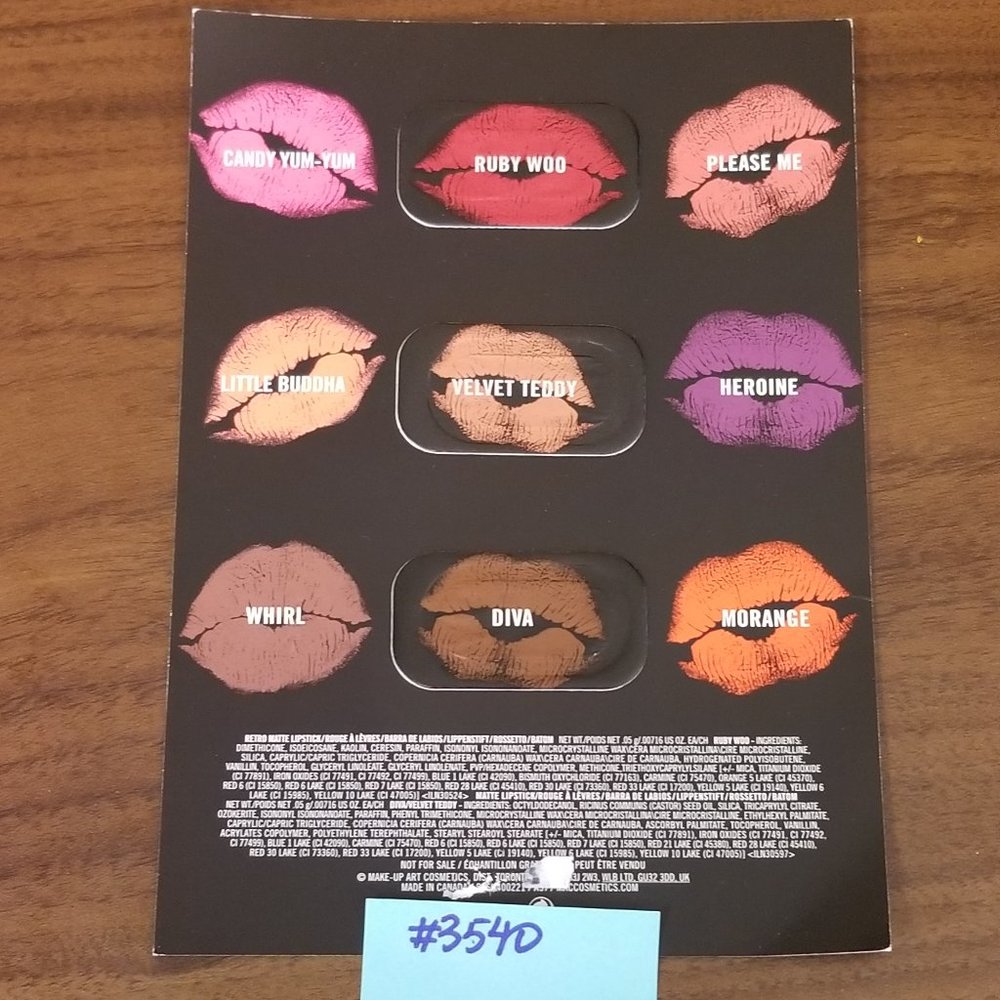 ✅#3540 MAC Lips Lips Lips Sample, 3 colors, 1 Card Ruby Woo, Velvet Teddy, Diva
